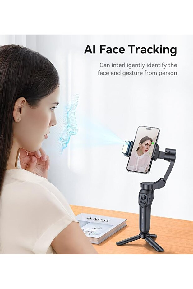 3-Axis Gimbal Stabilizer, SF21 Face Tracking With Camera Powerful Battery Built-in Extra Fill Light - Black