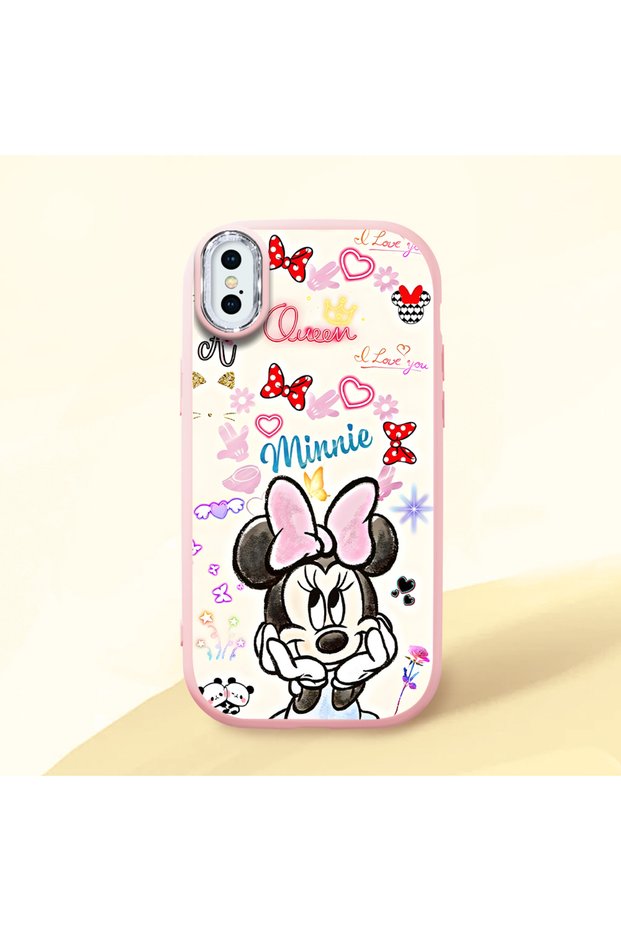 iPhone X Compatible Case Camera Protector Pink Minnie Patterned Silicone Lover Couple Phone Case