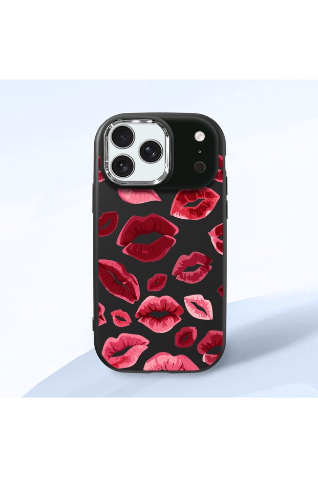 iPhone 17 Pro Max Compatible Case Camera Protector Black Kiss Pattern Silicone Lover Couple Phone Case