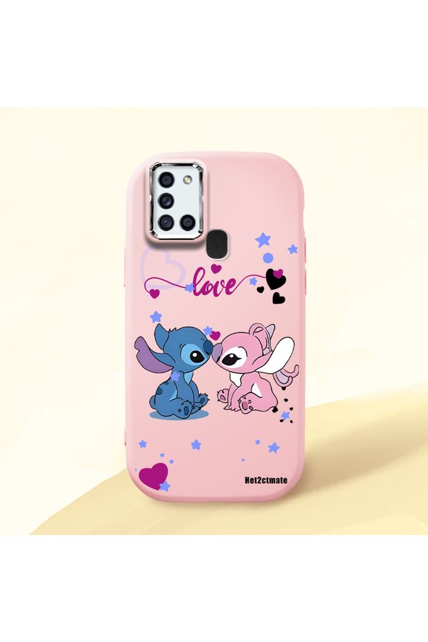 Samsung Galaxy A21S Compatible Case Camera Protective Pink Stitch Patterned Silicone Lover Couple Phone Case