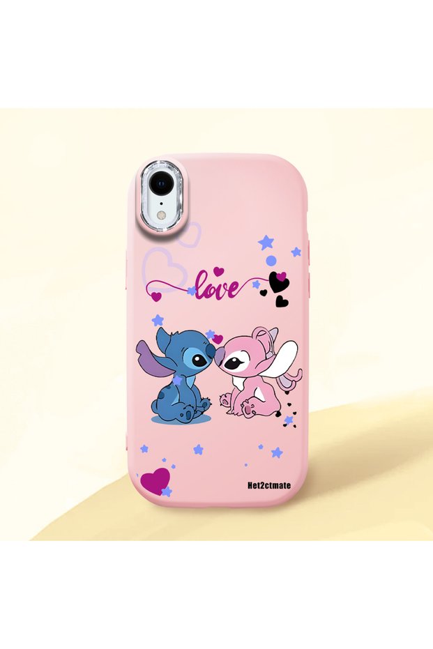 iPhone Xr Compatible Case Camera Protector Pink Stitch Pattern Silicone Lover Couple Phone Case
