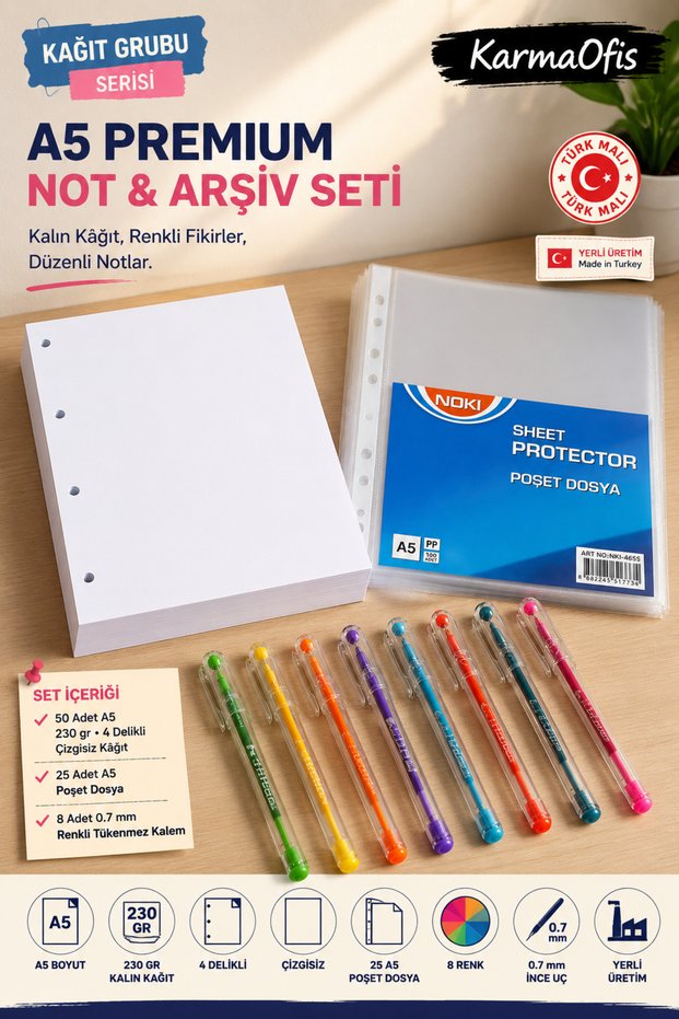 A5 4-Hole 230 Gr Non-Lined Paper Set 50 Sheets + 25 Pouch Files + 8 Colors Fine Tip Ballpoint Pen