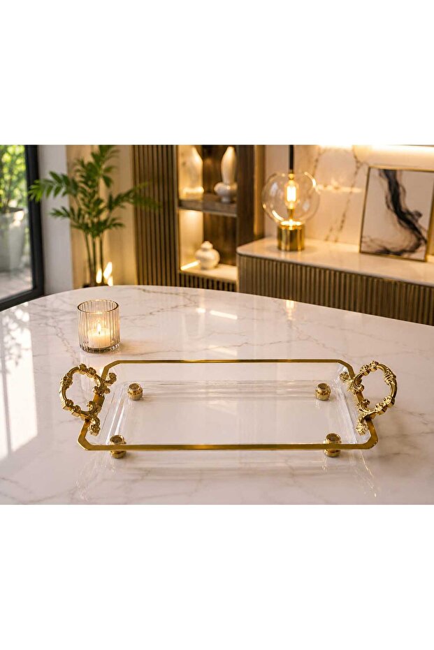 1 Piece Gold Detailed Presentation Tray with Feet and Handles – Stylish Decorative Serving Tray