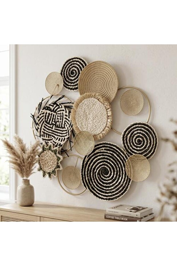 ديكور حائط جداري Boho Modern من الخوص والمعدن – مقاس 80 سم