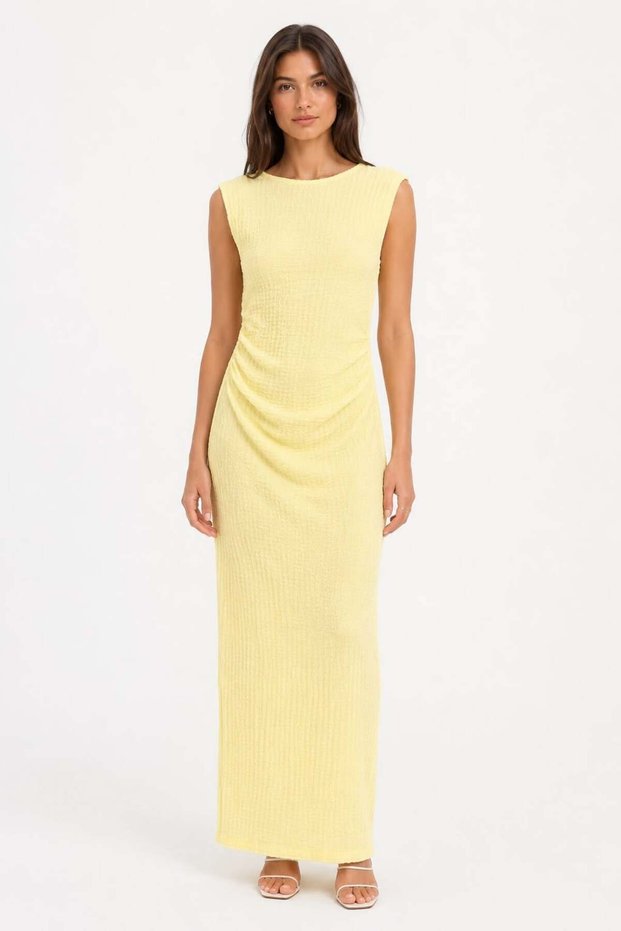 Women's Wide Collar Zero Sleeve Draped Back Slit Detail Maxi Seersucker Dress Yellow