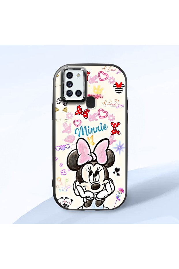 Samsung Galaxy A21S Compatible Case Camera Protective Black Minnie Patterned Silicone Lover Couple Phone Case