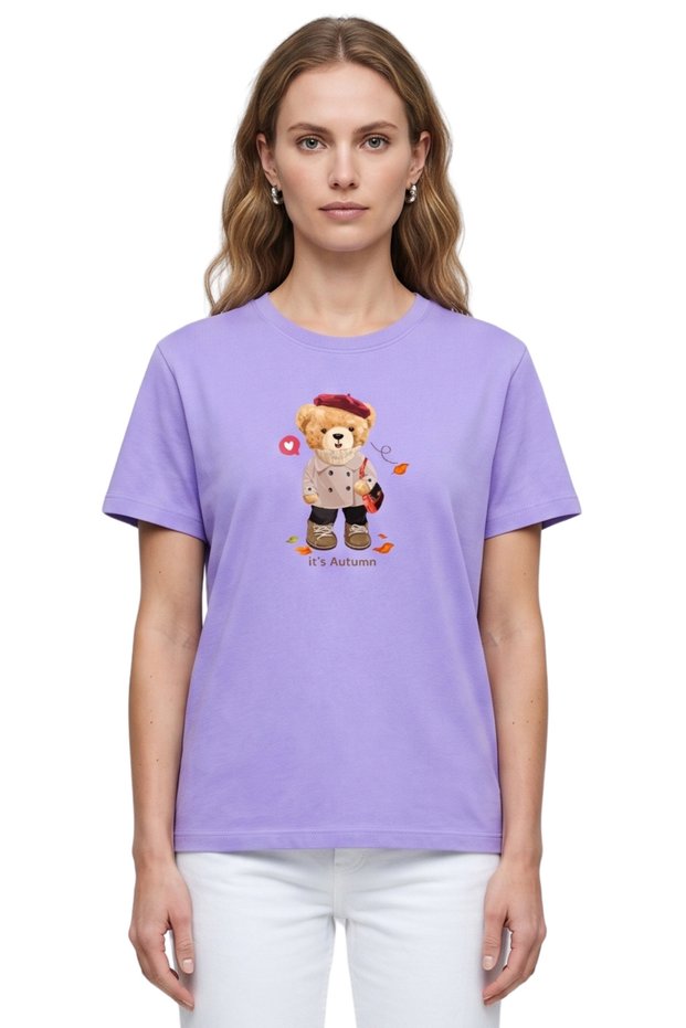 Women's Lilac Autumn Teddy Bear Printed T-Shirt 100% Cotton Comfortable Fit