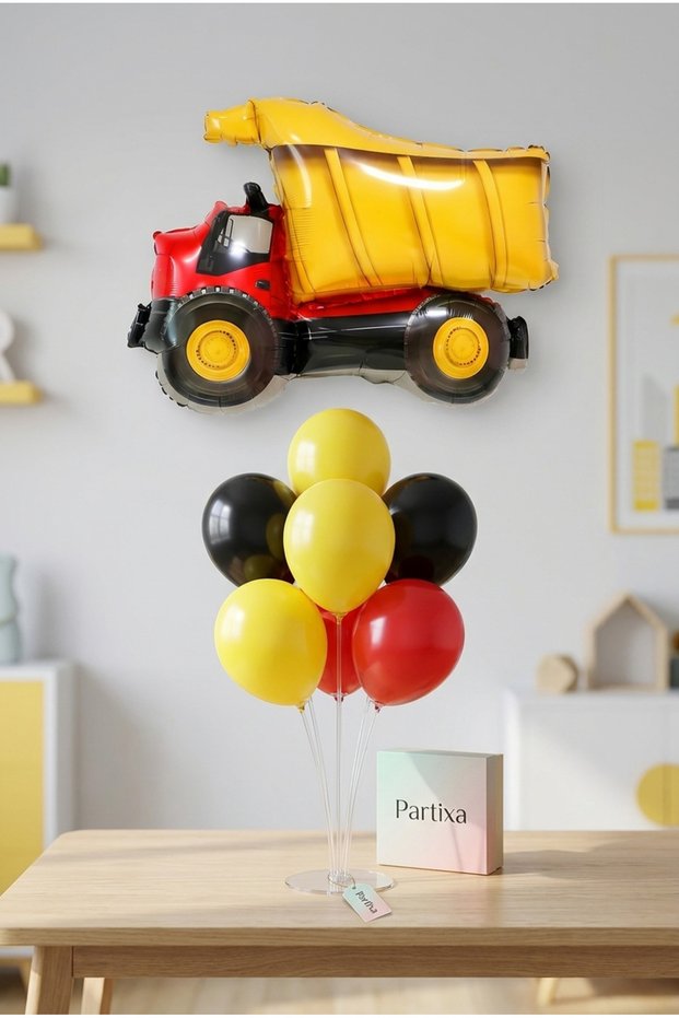 Construction Dump Truck Balloon Stand Set |   Transparent 7-Piece Stand + Dump Truck Foil Balloon 79×66 cm + 7 Latex Balloons