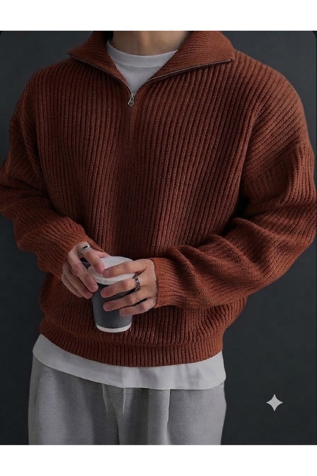 Men's Long Sleeve Thick Winter Oversized Stand Collar 100% Cotton Knitwear Sweater