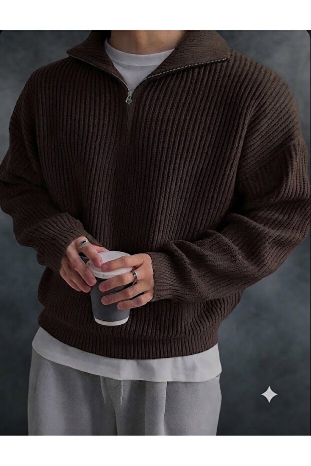 Men's Long Sleeve Thick Winter Oversized Stand Collar 100% Cotton Knitwear Sweater