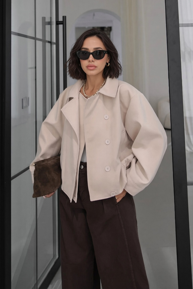 Women's Beige Double Collar Premium Short Trench Coat