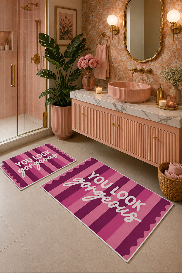 Pink Claret Red You Look so Good Written Bath Mat Set of 2