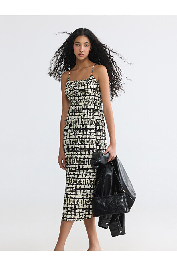 U Neck Patterned Strappy Ruched Dress