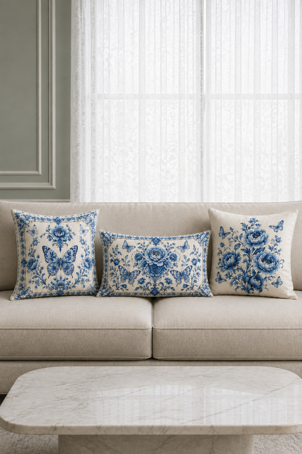 Porcelain Blue Butterfly 3 Piece Decorative Throw Pillow Cover
