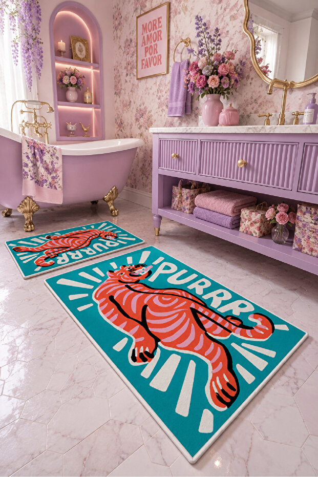 Turquoise Orange Tiger Patterned Non-Slip Base Bath Mat Set of 2