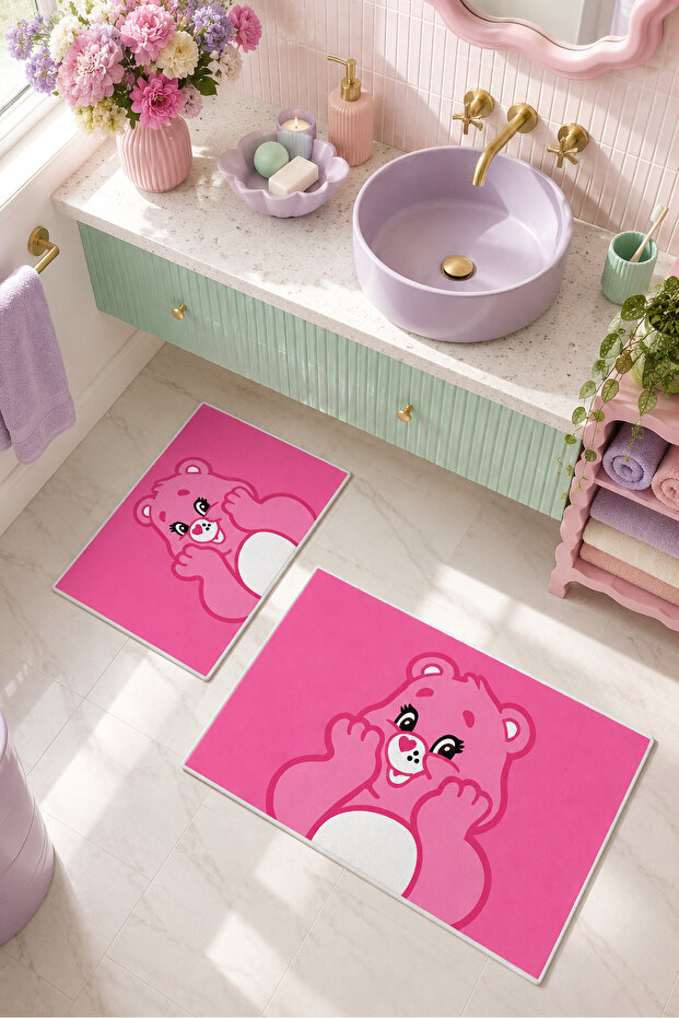 Light Pink Cute Bear Patterned Non-Slip Base Bath Mat Set of 2