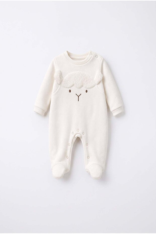 Baby Cotton Lamb Appliqué Ecru Booties Jumpsuit