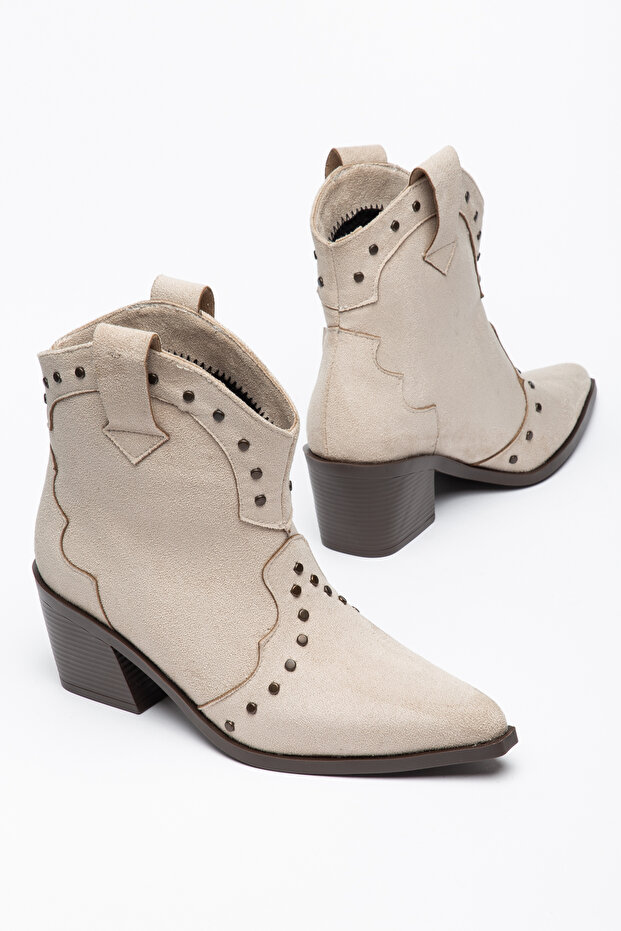 Beige Suede Trok Detailed Brown Sole Cowboy Western Short Boots