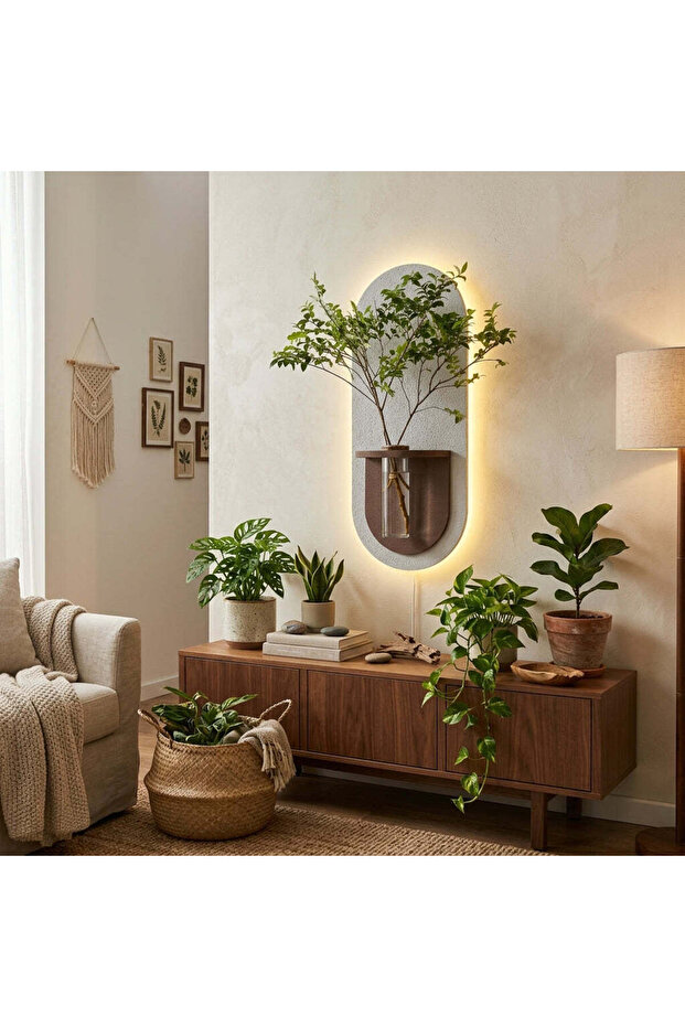 ديكور جداري بإضاءة LED مع رف وفازة وريموت كنترول (28 سم × 78 سم)