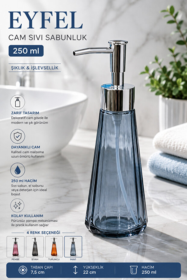 Eyfel Glass Liquid Soap Dispenser 250 Ml, Blue, 7.5X22 cm