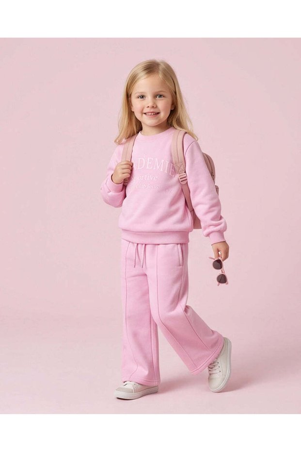 Girls Pink Varsity Hoodie And Wide Leg Track Pants Jog Set