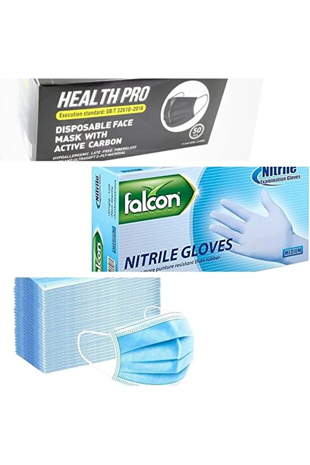 Disposable Face Mask, 50 Pieces Blue Face Mask + Nitrile Gloves (M)