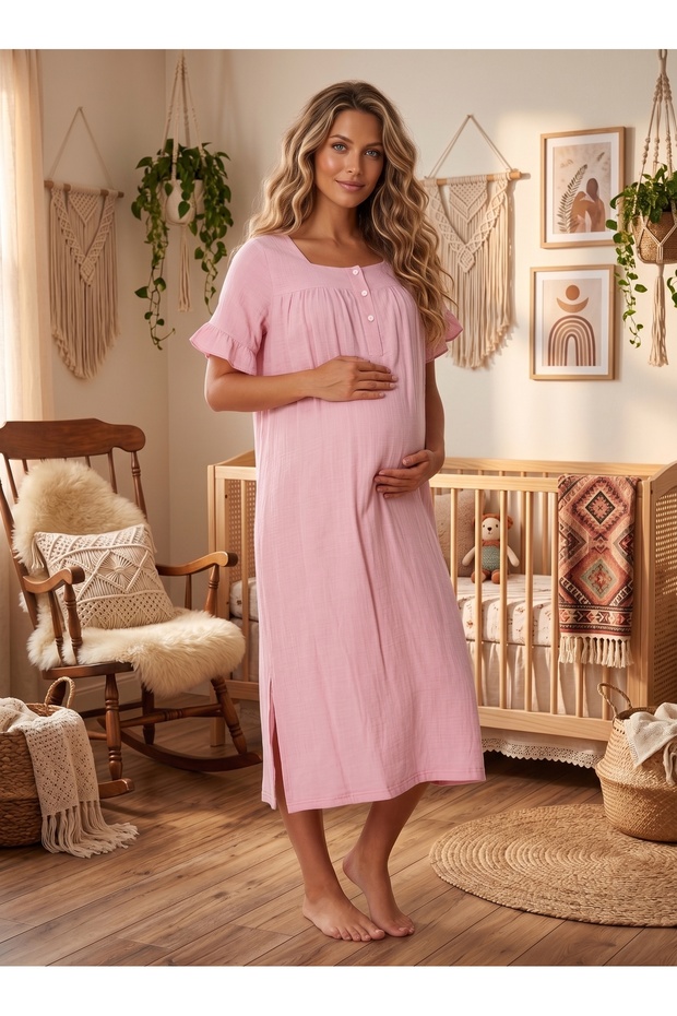 New Season Powder Muslin Fabric 100% Soft Textured Maternity Nightgown