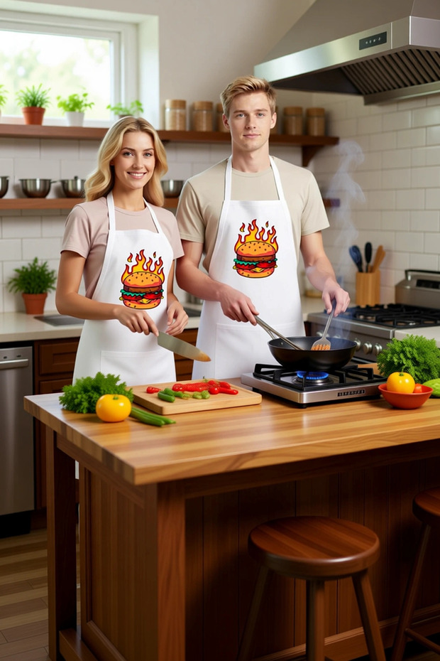Men's Unisex Kitchen Chef Apron Flame Burger Printed Dtf Digital Relaxed Fit Casual Modern Stylish Elegant