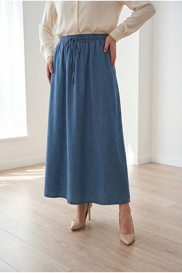 Elastic Waist Double Pocket Tencel Skirt