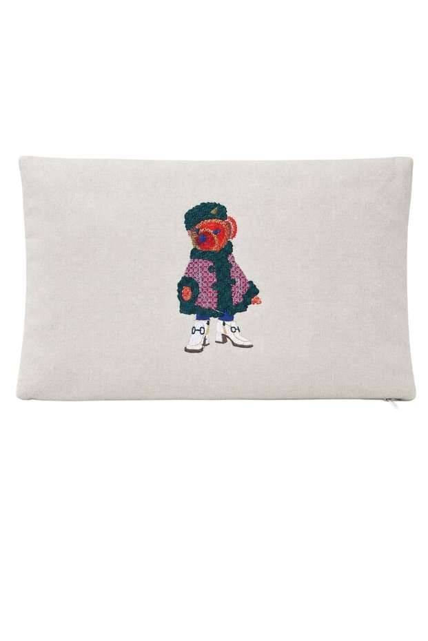 Limited Edition Bear Embroidered Linen Textured Decorative Throw Pillow Cover 30X50 cm
