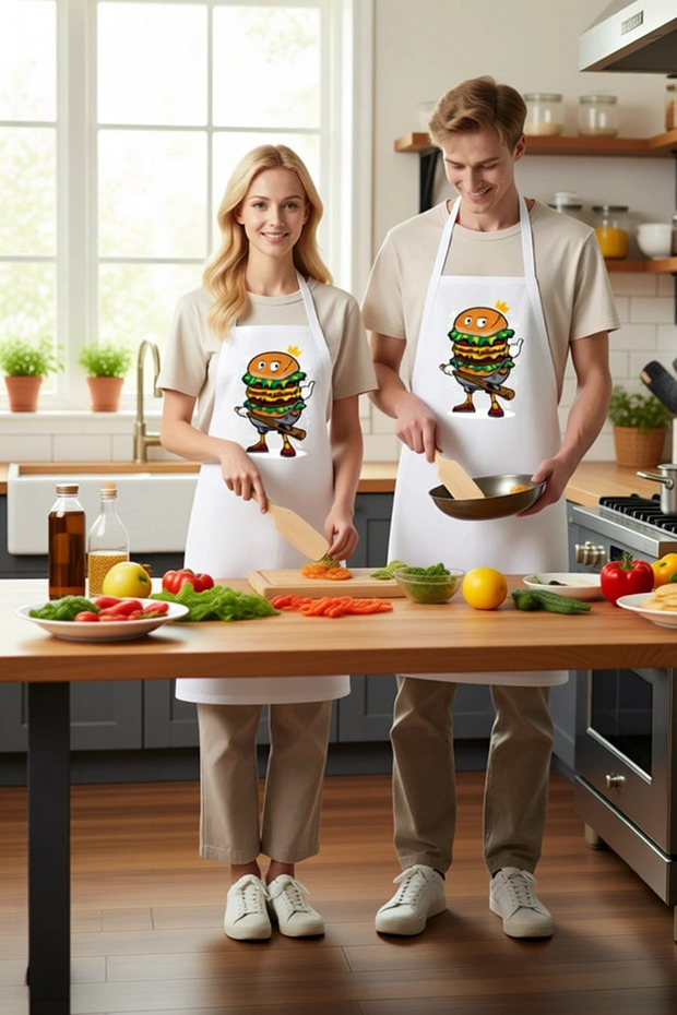 Men's Unisex Kitchen Chef Apron Cartoon Burger Printed Dtf Digital Relaxed Fit Casual Modern Stylish