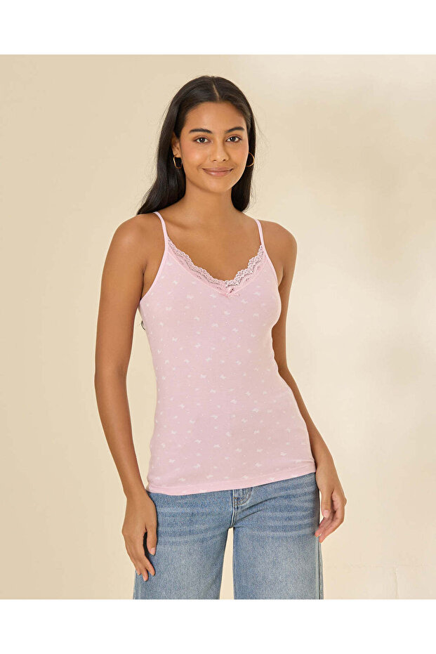 Women Pink Embellished Lace Trim Vest