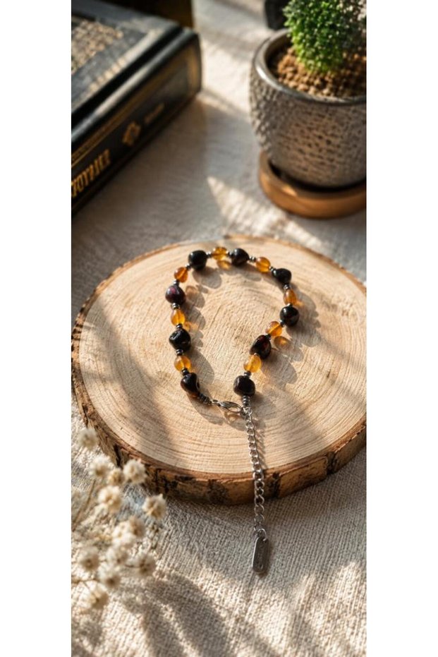 Amber Bracelet with Gray Extension Chain and Hematite Spacer Stone, Natural Stone Bracelet for Women and Men