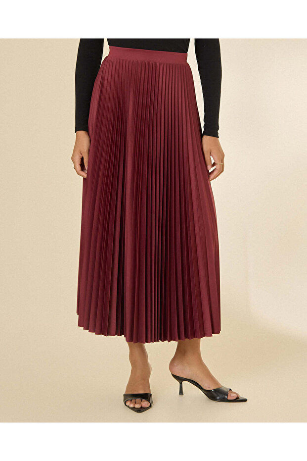 Women Burgundy Pleated Midi Skirt