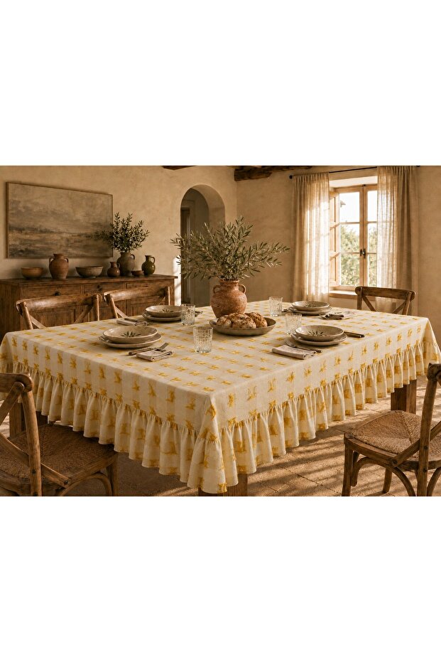 Buldan Linen Tasseled Ruffled Bohemian Tablecloth – Natural-Yellow