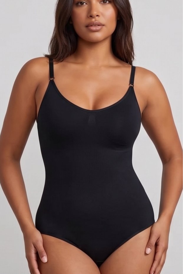 Reinforcing and Firming Black Snap-On Bodysuit with Adjustable Straps