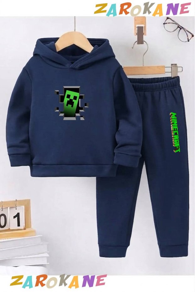 Green Shape Printed Winter Children's Hooded Top and Bottom Cotton Tracksuit Set (Bottom Tracksuit with Pockets)