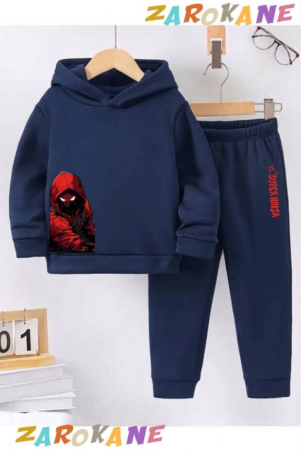 Yandan Ninja Printed Winter Children's Hooded Cotton Insulated Tracksuit Set (Bottom Tracksuit with Pockets)