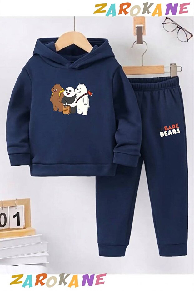 Bavullu Kafadarlar Printed Winter Children's Hooded Top and Bottom Cotton Track Suit (Bottom Pants with Pockets)