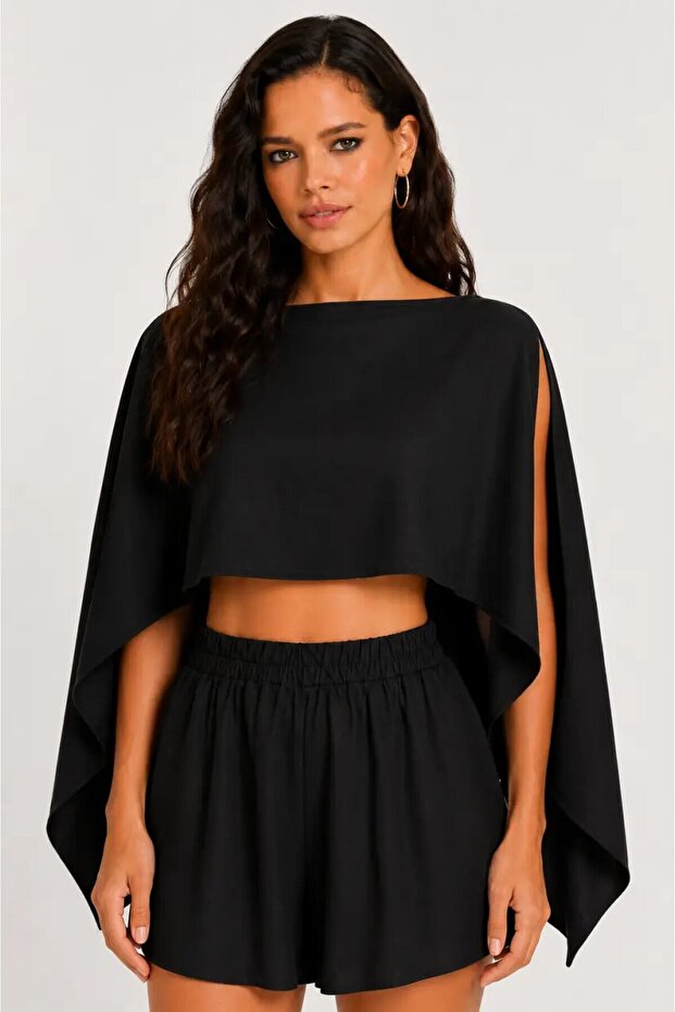 Black Cape Detailed Shorts Set