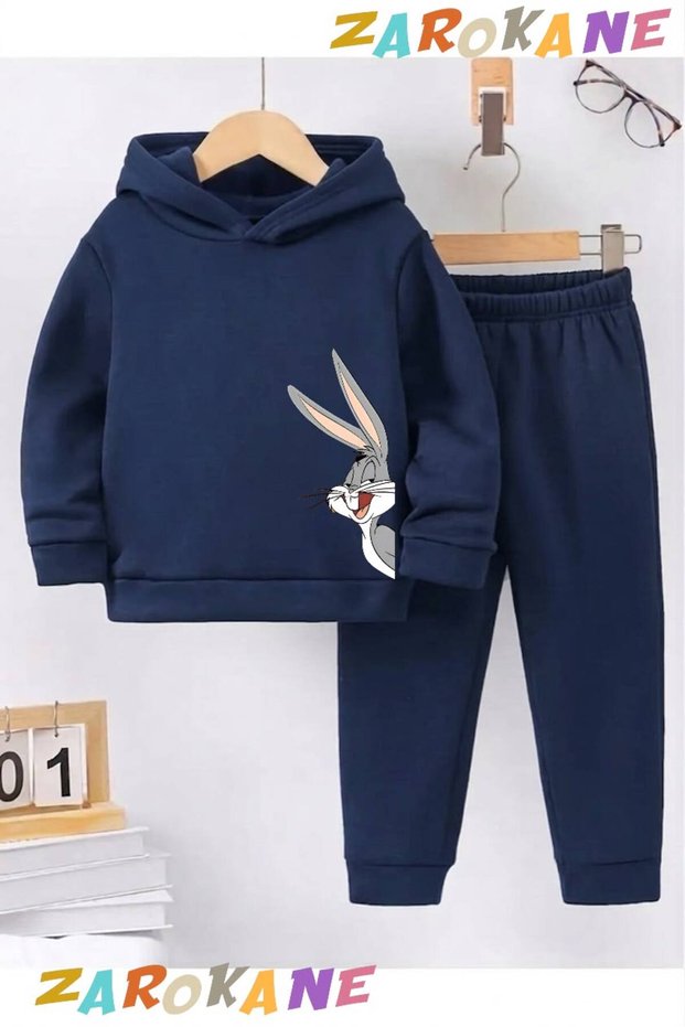 Yandan Rabbit Printed Winter Children's Hooded Cotton Insulated Tracksuit Set (Bottom Tracksuit with Pockets)