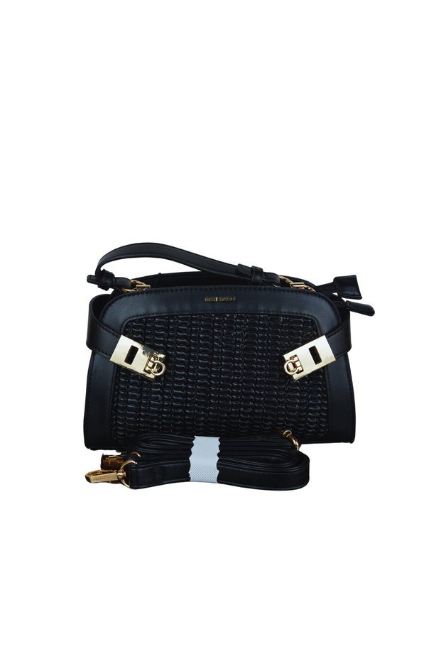Duki Daso Women's Black Hand and Shoulder Bag - Knitted Textured Gold Lock Bag | Summer T8457 Black 2 Compartments
