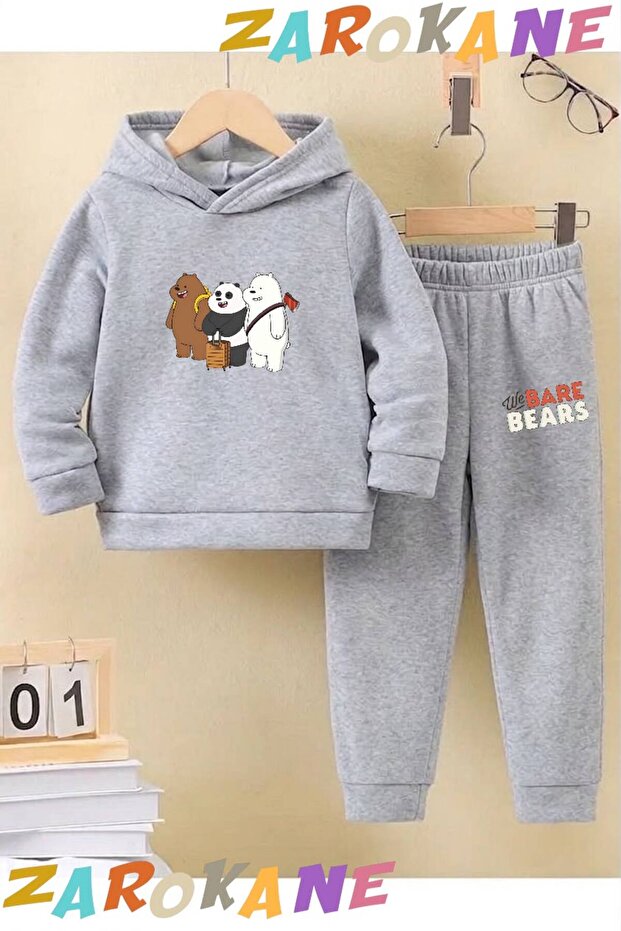 Bavullu Kafadarlar Printed Winter Children's Hooded Top and Bottom Cotton Track Suit (Bottom Pants with Pockets)