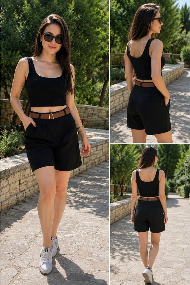 Women's Brown Belted High Waist Black Bermuda Shorts