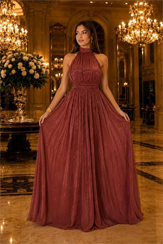 Women's Tile-Patterned Halter Neck Janjan Fabric Premium Evening Dress Nbmy4128