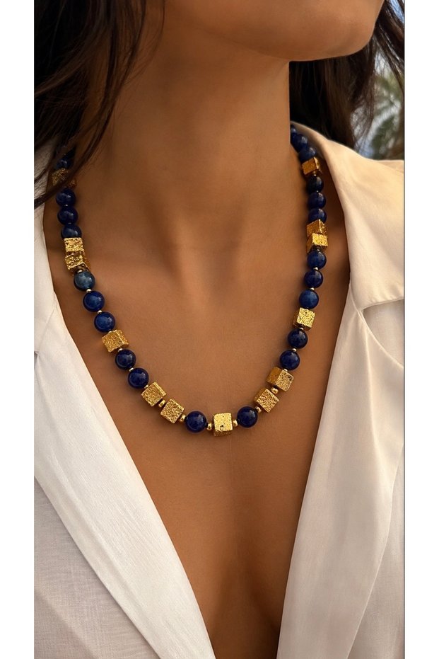 Hematite Necklace, Natural Stone Necklace, Navy Blue Necklace, Beaded Necklace, Gold Detail Necklace, Women's Necklace, Designer Necklace, Geometric Necklace, Stylish Necklace, Everyday Necklace, Handmade Necklace.