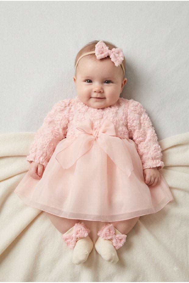 Baby Girl Floral Embossed 3-6 Months Luxury Dress Set Newborn Baby Dress Mevlüt Set