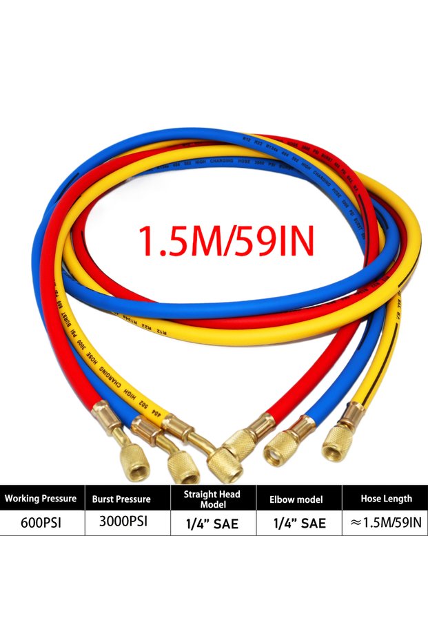 R134a-1.5M 0.9M-1.8M AC Charging Hose Tube Kit Hose Low Loss Fittings for R134A R12 R22 Refrigerant