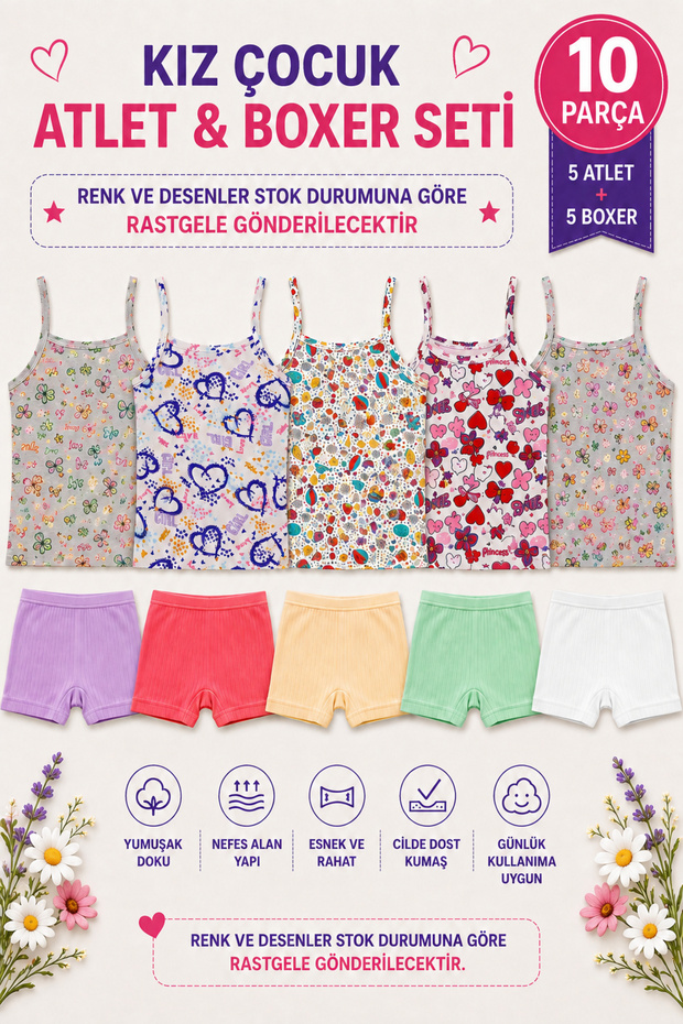 Girl's Patterned String Strap Undershirt and Ribbed Boxer Set 10 Pieces (Tutku Authorized Seller) – 5 Patterned Undershirts 5 Ribbed Boxers