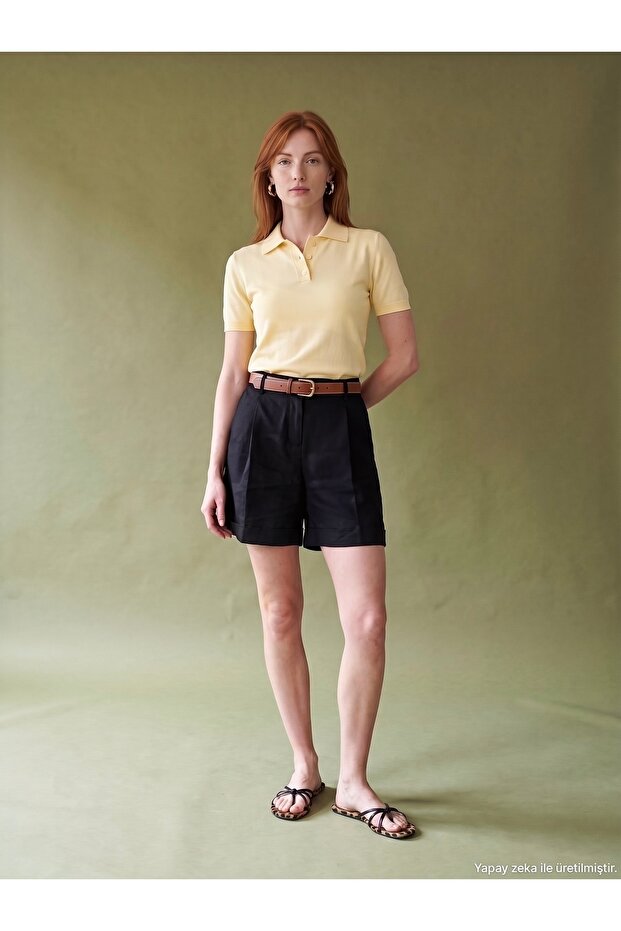 72764 100% Linen Belted Shorts-Black